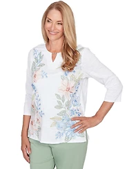 Alfred Dunner Petite Floral Embroidered Split Neck Top