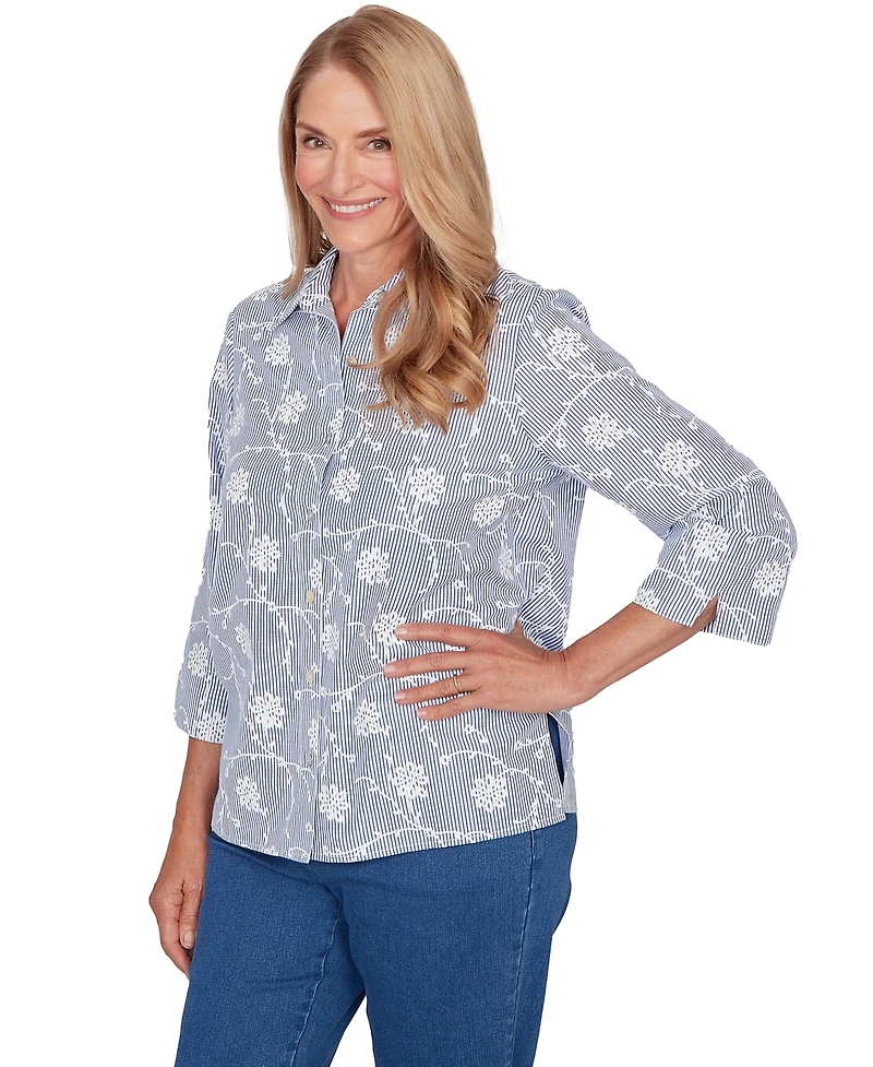 Alfred Dunner Petite Classics Puff Print Pinstripe Embroidered Collared Top