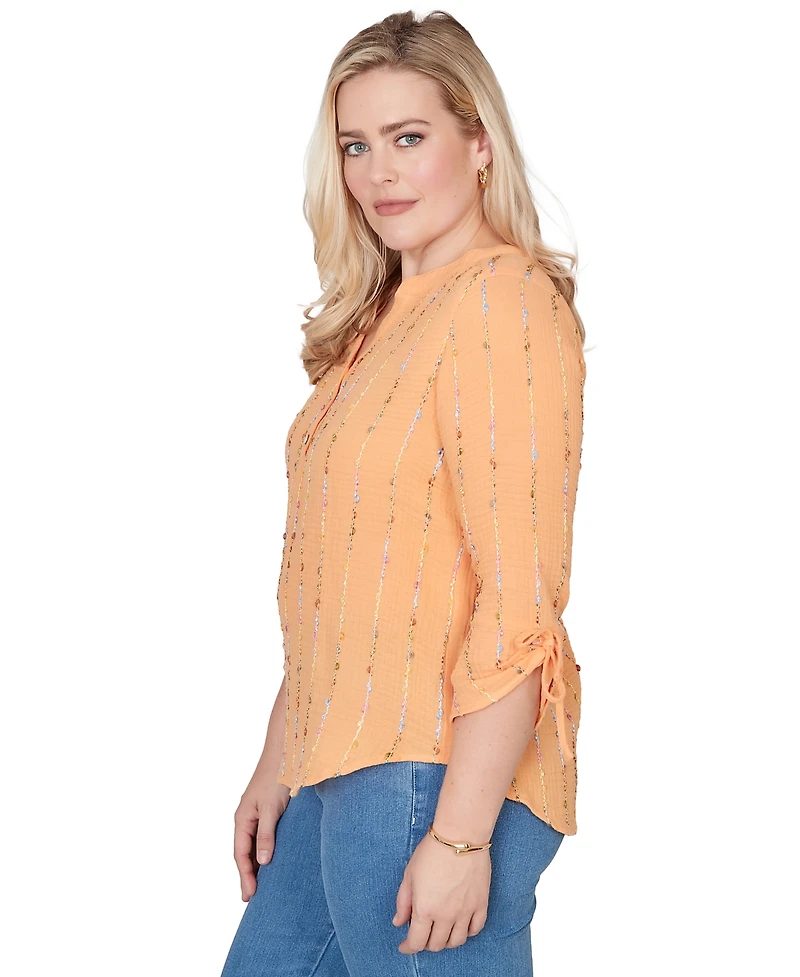 Alfred Dunner Petite Eyelash Gauze Textured Tie Sleeve Split Neck Top