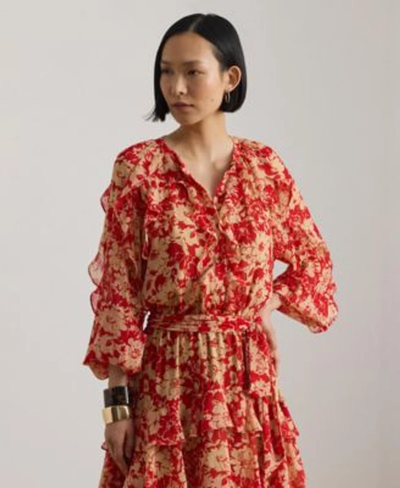 Lauren Ralph Lauren Womens Print Ruffle Trim Band Collar Tiered Dress
