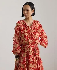 Lauren Ralph Lauren Womens Print Ruffle Trim Band Collar Tiered Dress