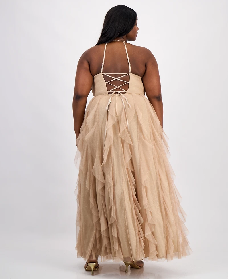 pear culture Trendy Plus Glitter-Mesh Lace-Up-Back Gown