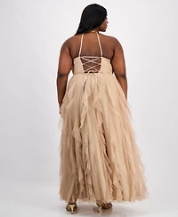 pear culture Trendy Plus Glitter-Mesh Lace-Up-Back Gown