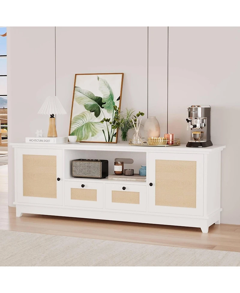 gaomon Rattan Tv Stand, Boho Entertainment Center for 65 Inch Tv, Tv Console with 2 Cabinets & Adjustable Shelf