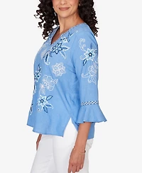 Alfred Dunner Petite Mykonos Floral Textured Embroidered Split Neck Top