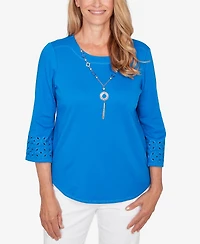 Alfred Dunner Petite Mykonos Eyelet Sleeve Solid Top with Necklace