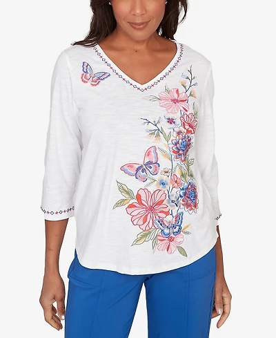 Alfred Dunner Petite The Royal Treatment Floral Butterfly Embroidered V-Neck Top