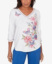 Alfred Dunner Petite The Royal Treatment Floral Butterfly Embroidered V-Neck Top