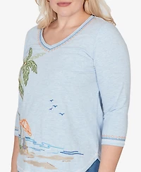 Alfred Dunner Petite Beachcomber Scenic Palm Tree Embroidered Top