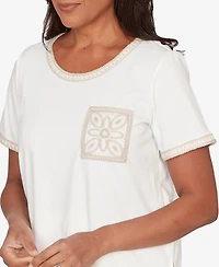 Alfred Dunner Petite Natural Wonder Crochet Pocket Short Sleeve T-shirt