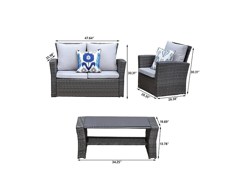 Flynama 4 Pieces Pe Rattan Wicker Outdoor Patio Furniture Set with Grey Cushions Steel Frame Tempered Glass Coffee Table