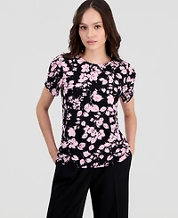Anne Klein Essentials Petite Floral-Print Gathered-Sleeve Top