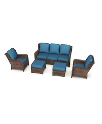 Flynama 5 Piece Rattan Outdoor Sectional Conversation Set 3 Seat Couch 2 Single Chairs 2 Ottomans Bron Peacock Blue for Lawn Balcony Garden Backyard