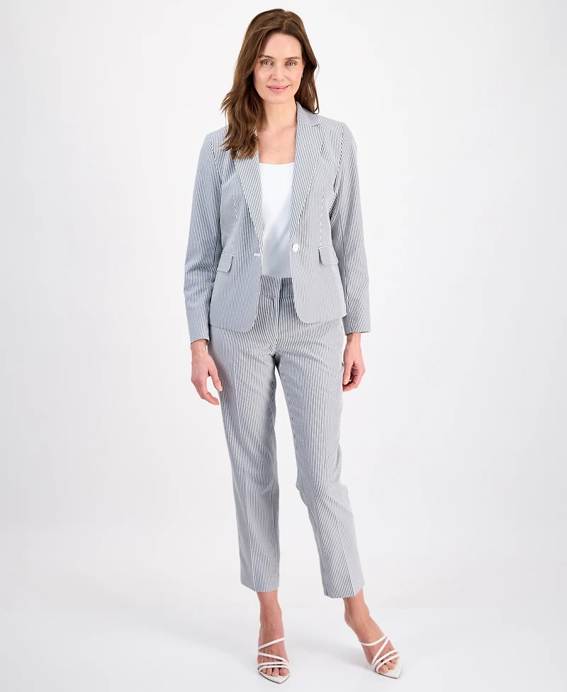 Le Suit Women's Long-Sleeve Seersucker Pantsuit