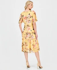 Connected Petite Floral Chiffon Butterfly-Sleeve Dress