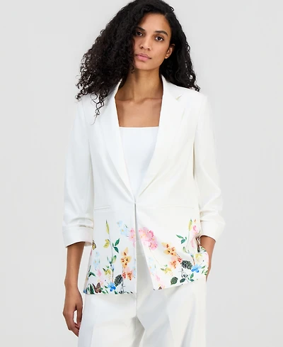 T Tahari Women's Notched-Lapel Scrunch-Sleeve Blazer