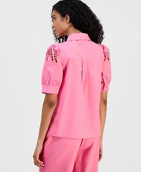 T Tahari Women's Embroidered Puffed-Sleeve Blouse