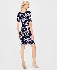 Connected Petite Floral Faux-Wrap Elbow-Sleeve Dress