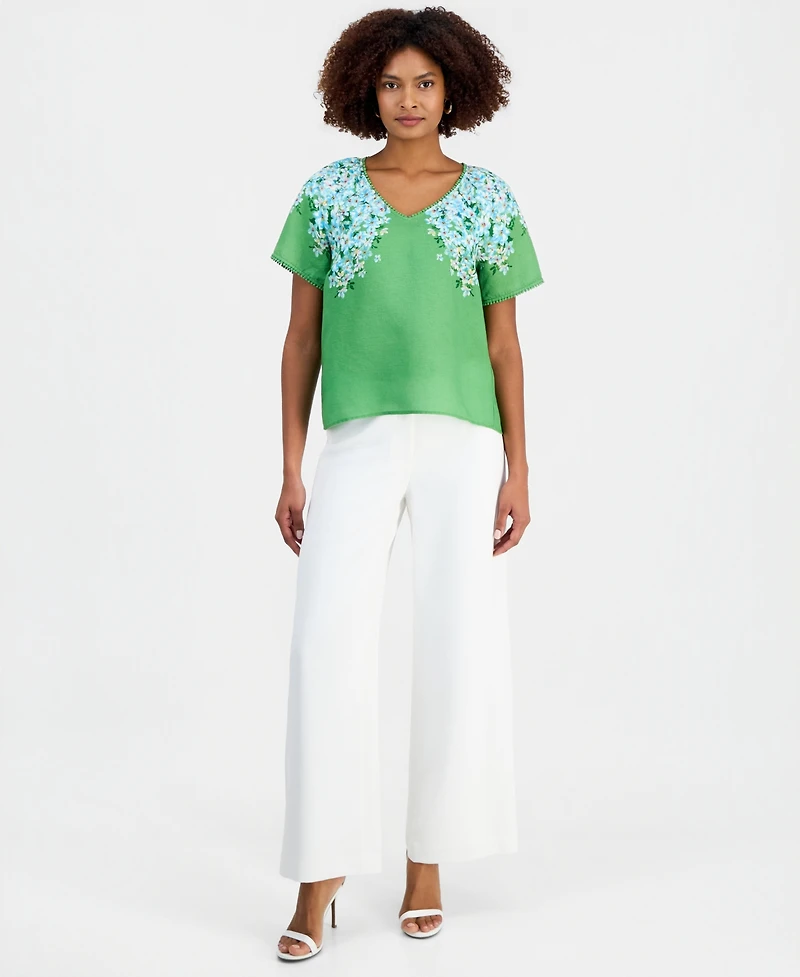 T Tahari Women's Floral V-Neck Short-Sleeve Top