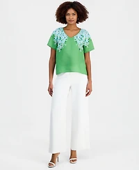 T Tahari Women's Floral V-Neck Short-Sleeve Top