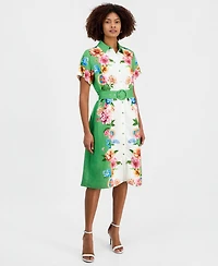 T Tahari Women's Printed Belted Button-Front Midi Dress