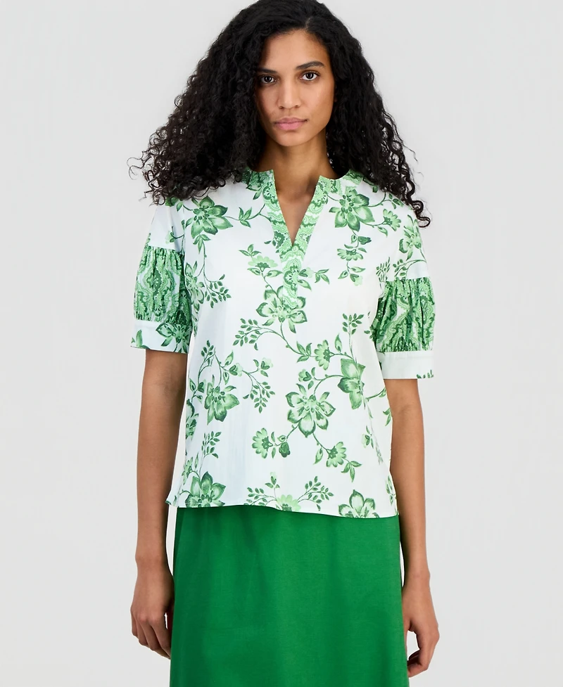 T Tahari Women's Split-Neck Puffed-Sleeve Top