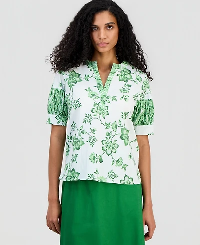 T Tahari Women's Split-Neck Puffed-Sleeve Top