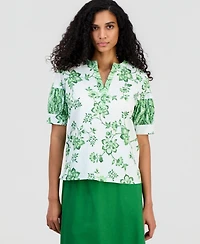 T Tahari Women's Split-Neck Puffed-Sleeve Top