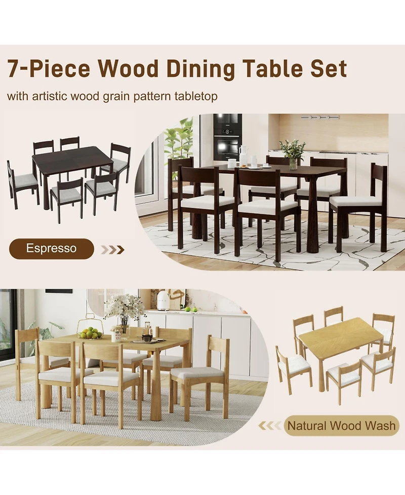Streamdale Furniture Retro 7-Piece Dining Set for 6 with Upholstered Chairs (Natural Wood