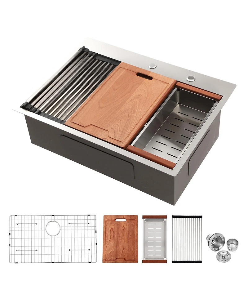 flynama 30x22x10inch Drop In Kitchen Sink Stainless Steel Workstation Single Bowl 16 Gauge Topmount