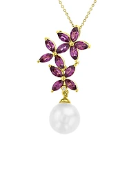 Macy's Imitation Pearl , Garnet (1.2 ct. t.w.) and Diamond (0.002 ct. t.w.) Flower Necklace