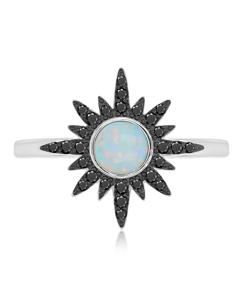 Macy's Black Spinel (0.218 ct. t.w.) and White Opal (5 mm) Starburst Ring Rhodium Over Sterling Silver
