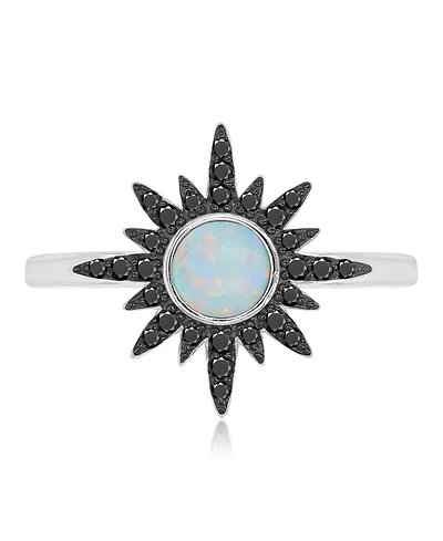Macy's Black Spinel (0.218 ct. t.w.) and White Opal (5 mm) Starburst Ring Rhodium Over Sterling Silver