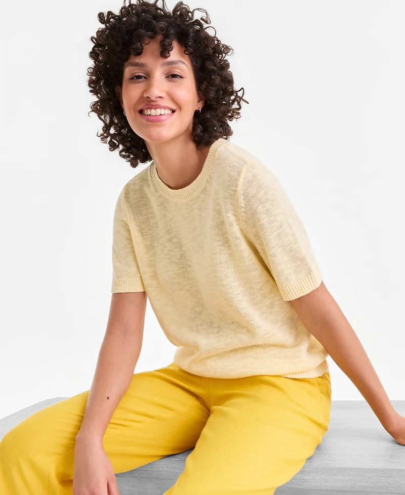 Charter Club Women's Linen Blend Textured Crewneck Short-Sleeve Sweater, Macy's Exclusive