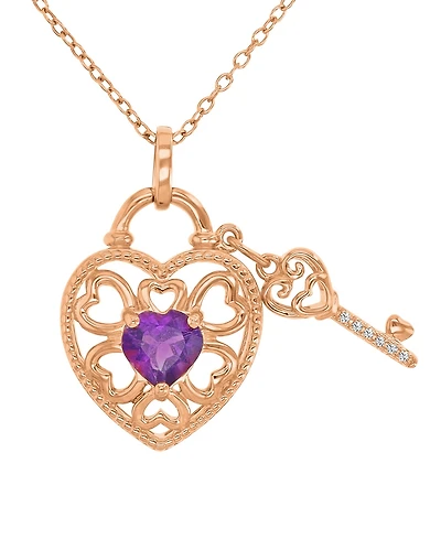 Macy's Amethyst (0.69 ct. t.w.) & Diamond (0.012 ct. t.w.) Heart & Key Necklace in 14k Rose Gold Over Sterling Silver