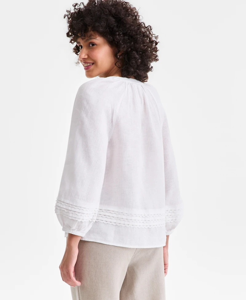 Charter Club Women's 100% Linen Crochet-Trim Tie-Neck Top, Macy's Exclusive