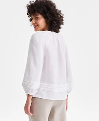 Charter Club Women's 100% Linen Crochet-Trim Tie-Neck Top, Macy's Exclusive