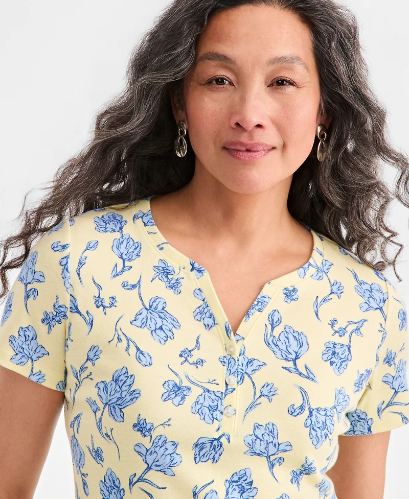 Style & Co Petite Short-Sleeve Henley Knit Poetic Floral T-Shirt, Macy's Exclusive