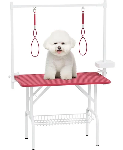 Aostirmotor 36" Large Dog Grooming Table, Foldable Adjustable Pet Station with Arms, Nooses & Mesh Drying Tray, Pink