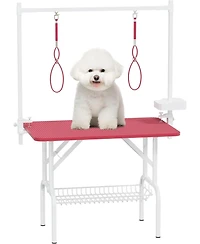 Aostirmotor 36" Large Dog Grooming Table, Foldable Adjustable Pet Station with Arms, Nooses & Mesh Drying Tray, Pink