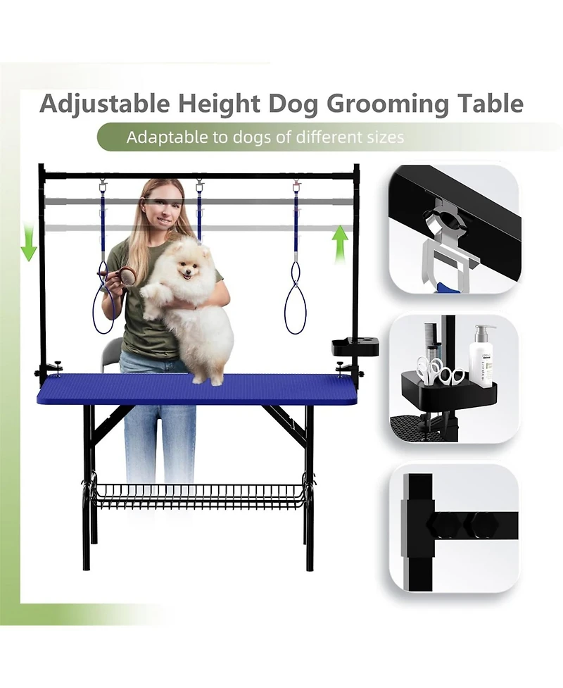 Aostirmotor 47" Large Dog Grooming Table: Foldable Adjustable Height Pet Station with Arms, Nooses & Mesh Tray, Blue