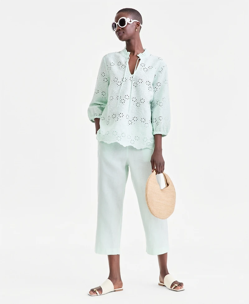 Charter Club Women's 100% Linen Eyelet-Embroidered Blouson-Sleeve Top, Macy's Exclusive