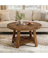 Tribesigns Solid Wood Coffee Table with Storage, 2-Tier Farmhouse Round Coffee Table for Living Room, Easy Assembly