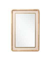 LuxenHome Rounded Rectangle Decorative Wall Mirror, 35" Rubberwood Frame with Pu Leather Accent