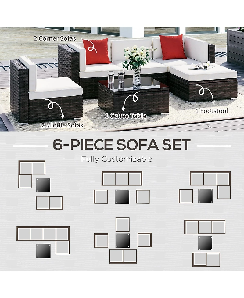 Outsunny 6-Piece Outdoor Patio Rat Wicker Furniture Sofa Set w/ Cushion