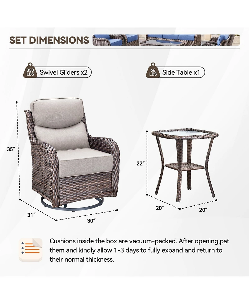 Gymojoy Crescent Swivel Glider Wicker Patio Conversation Set with Olefin 6 In. Thick Cushions/End Table (3-Piece)