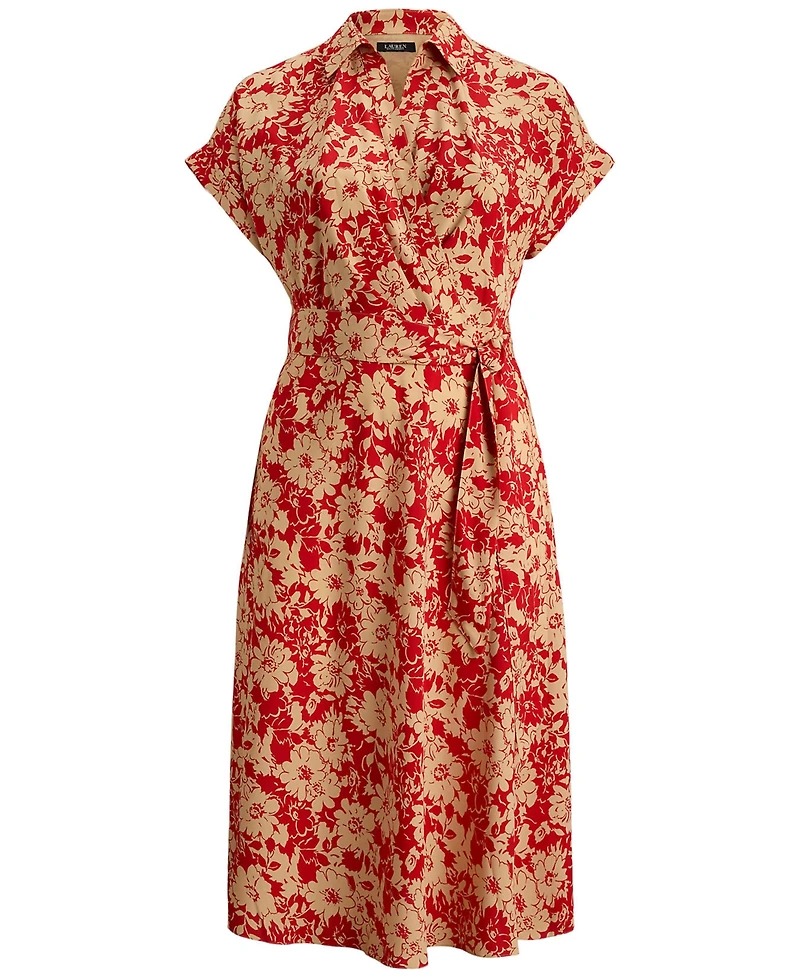 Lauren Ralph Lauren Plus Size Floral Belted Crepe Collared Neck Maxi Dress