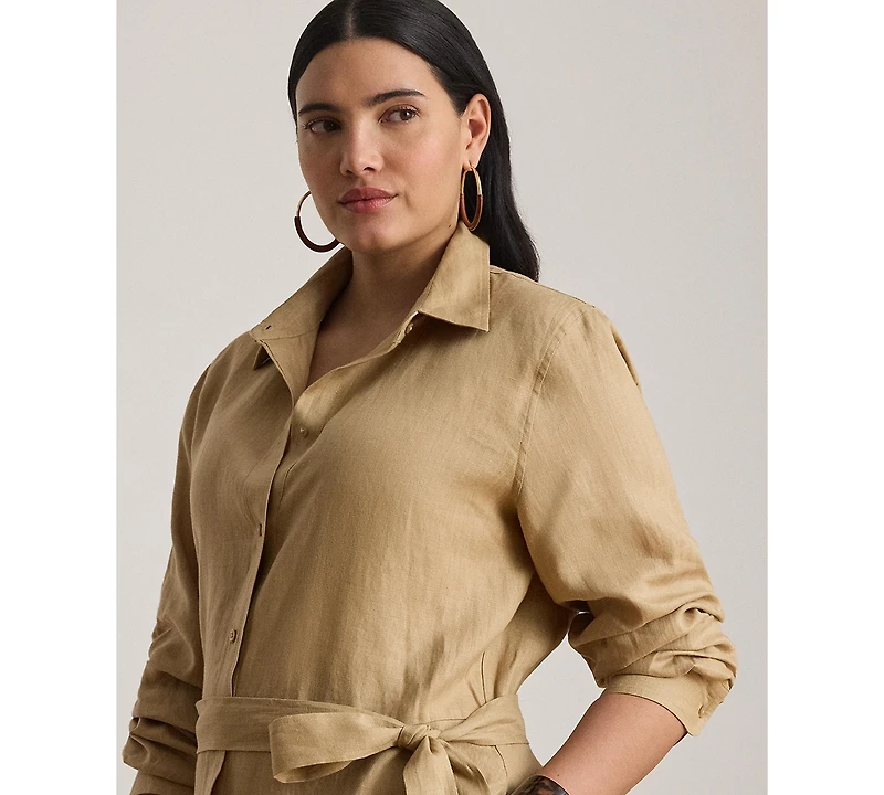 Lauren Ralph Plus Adalina Belted Linen Collared Neck Shirt Dress