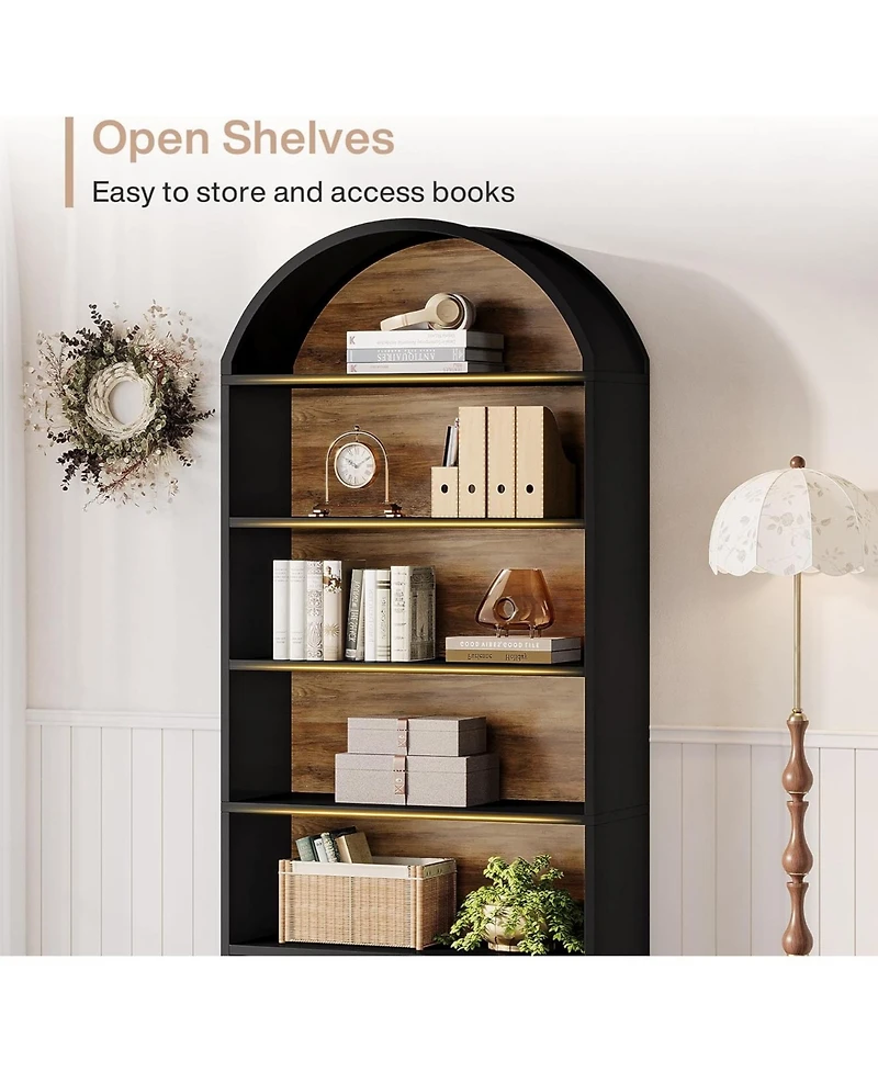 Tribesigns 76.8" Tall Arched Bookcase, 5-Tier Bookshelf with File Cabinet Drawer, Modern Freestanding Wooden Bookshelves, Open Display Storage Sh