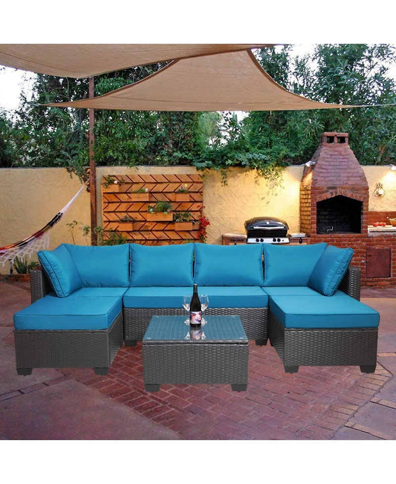 Flynama 7 Piece Pe Rattan Wicker Outdoor Garden Patio Furniture Set Cushioned Sofa and Coffee Table